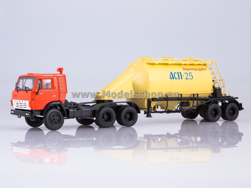 Kamaz-54112 tractor truck with semitrailer for flour transport AZP-25 /red - yellow/