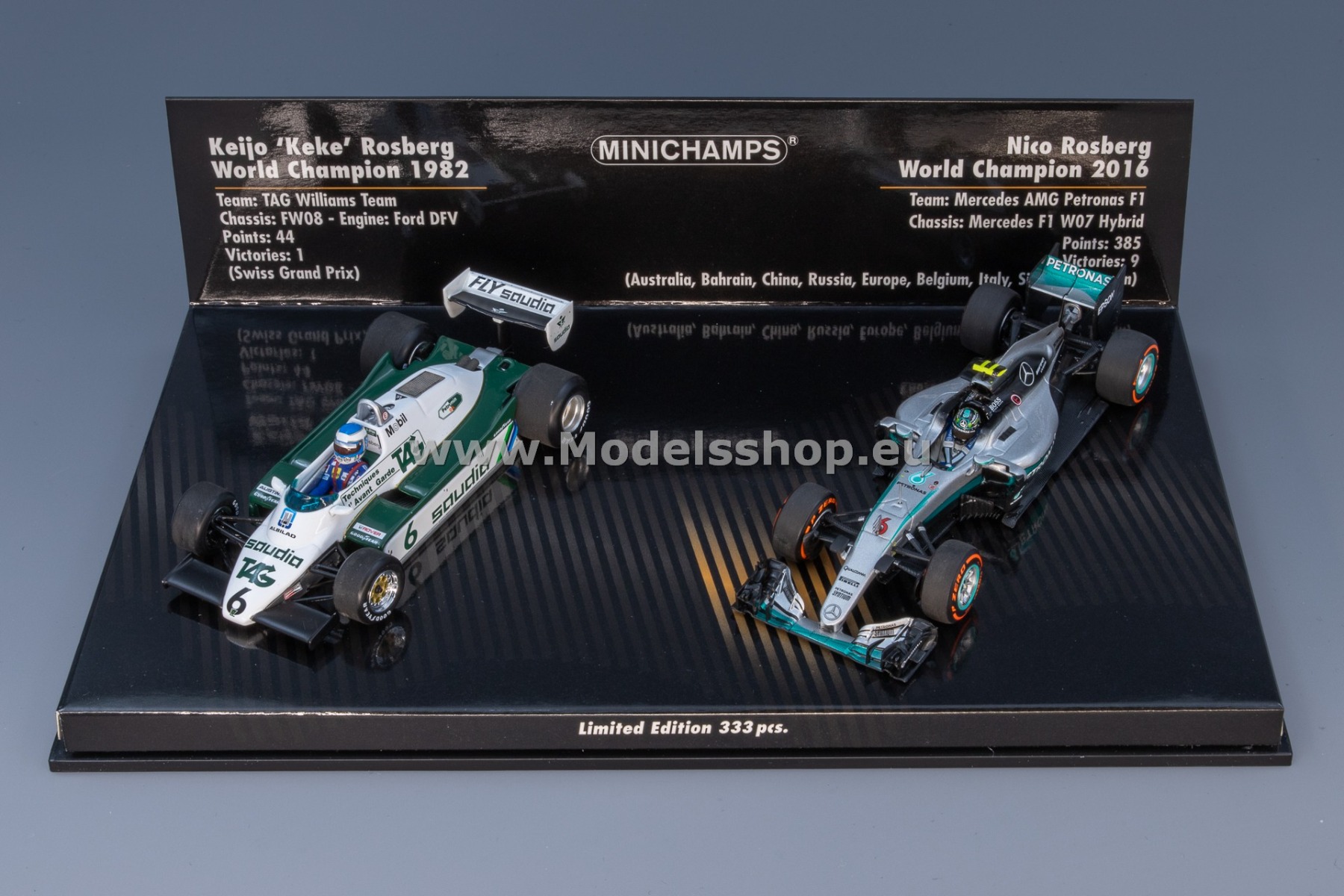 Minichamps 412821601 Williams Ford FW08 1982 / Mercedes F1 W07 2016 Keke & Nico Rosberg (2 Car Set), limited edition 333pcs