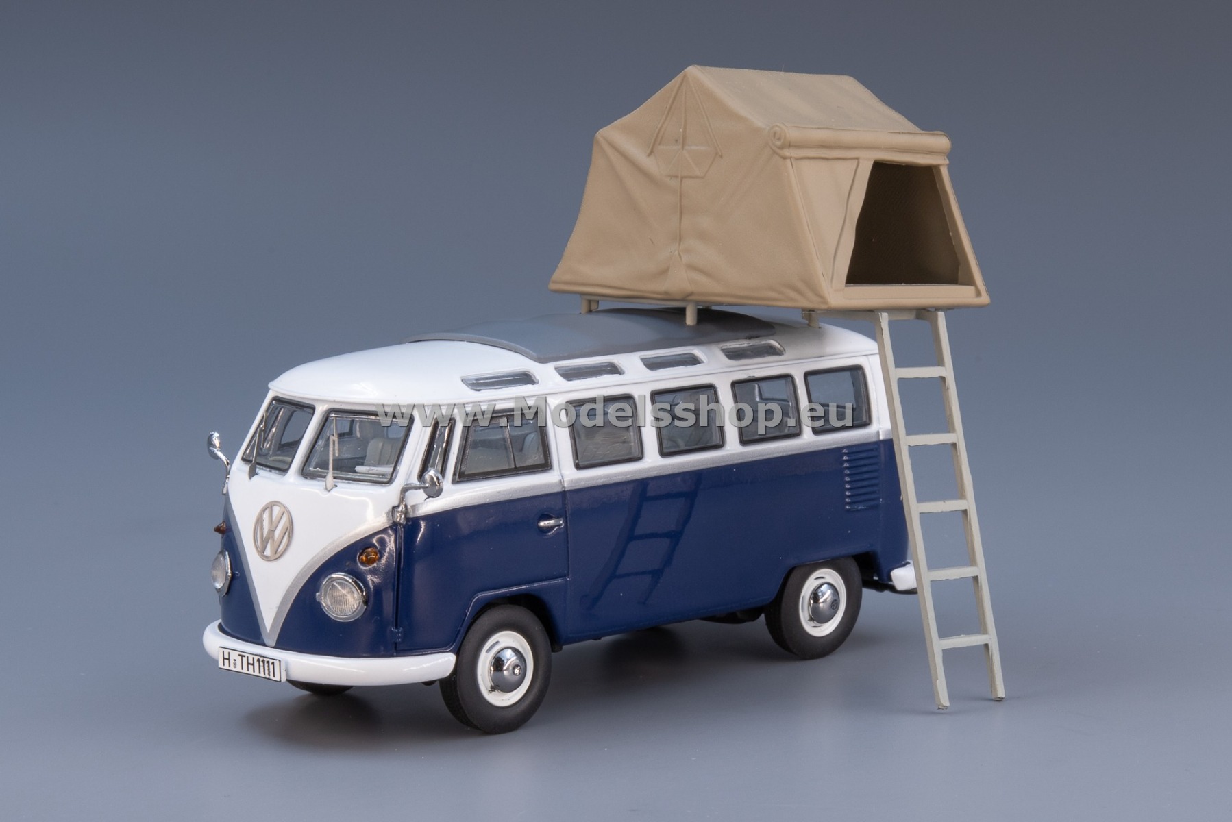 Volkswagen T1 Bus with tent on the roof /blue - white/