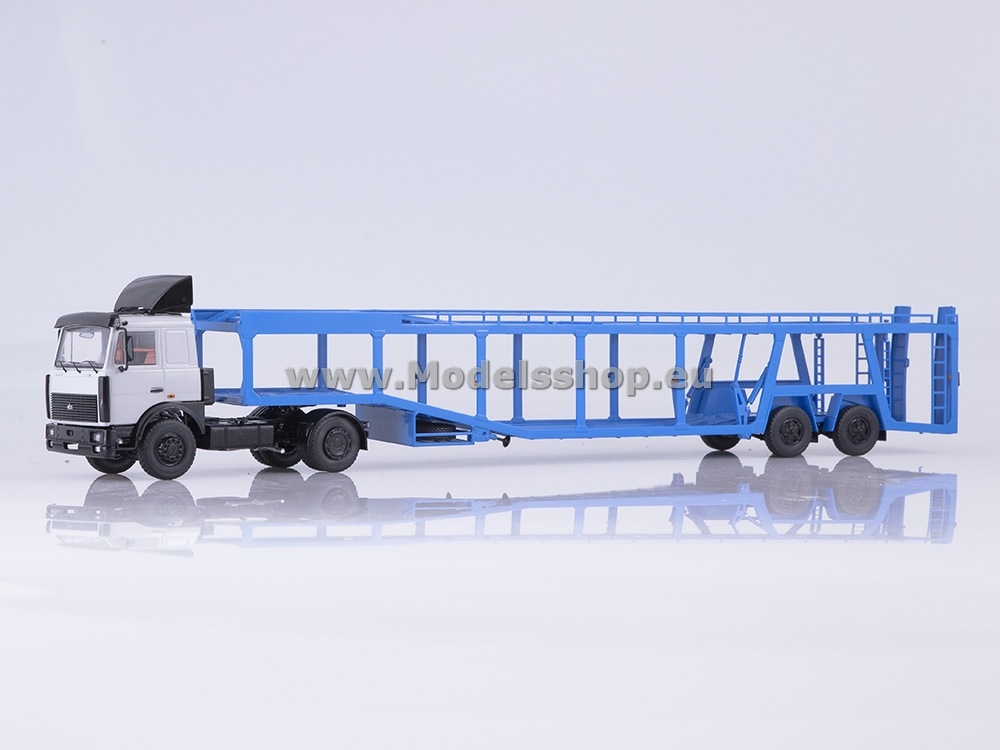 MAZ-6422 tractor truck with MAZ-934410 car transport trailer (A908) /white-blue/