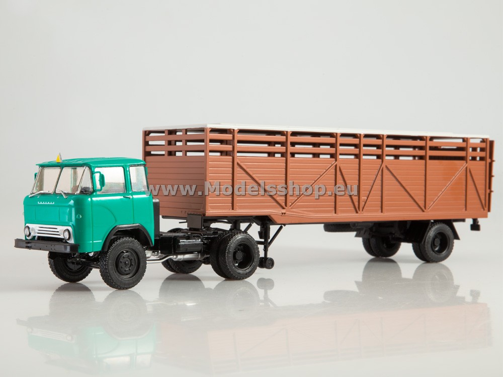 KAZ-608 tractor truck with semitrailer ODAZ-857B for transporting animals /green-brown