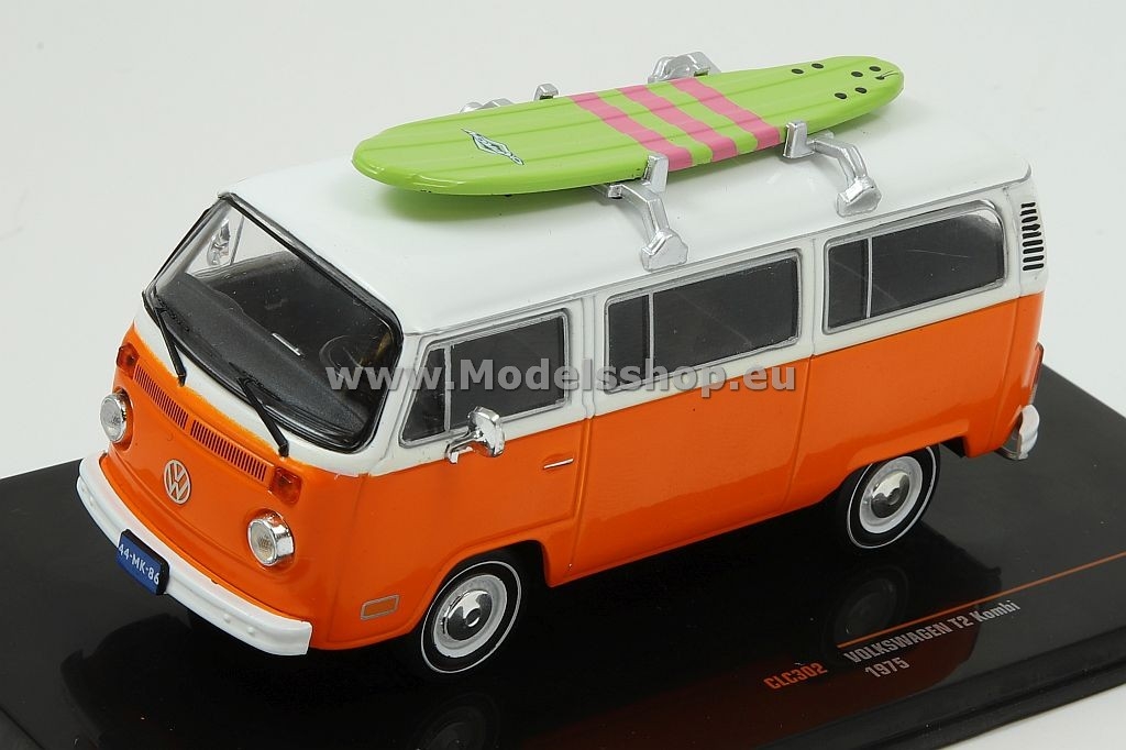 Volkswagen T2 Bus, 1975 with surfboard /orange-white/