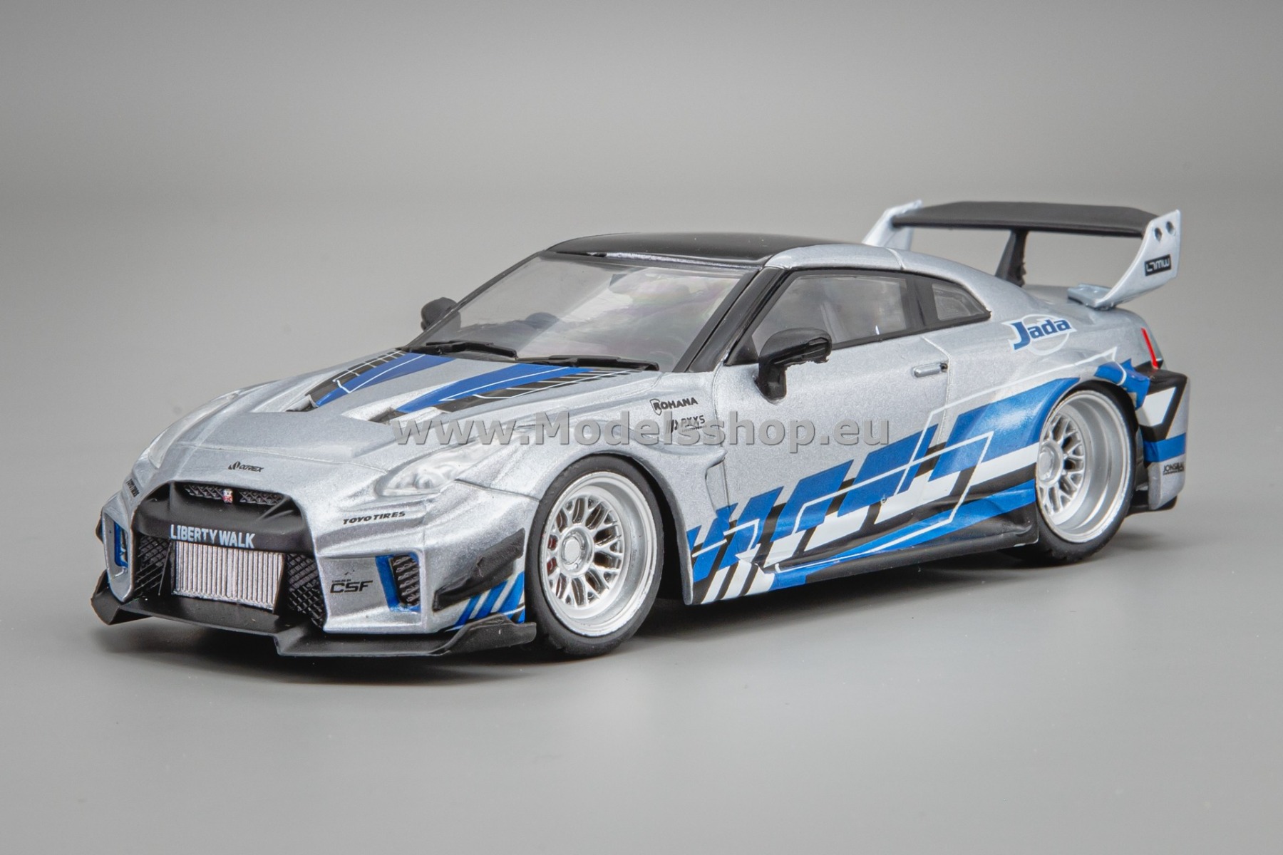 Solido S4311211 Nissan GT-R (R35) Liberty Walk Silhouette, 2020 /silver w. blue stripes/