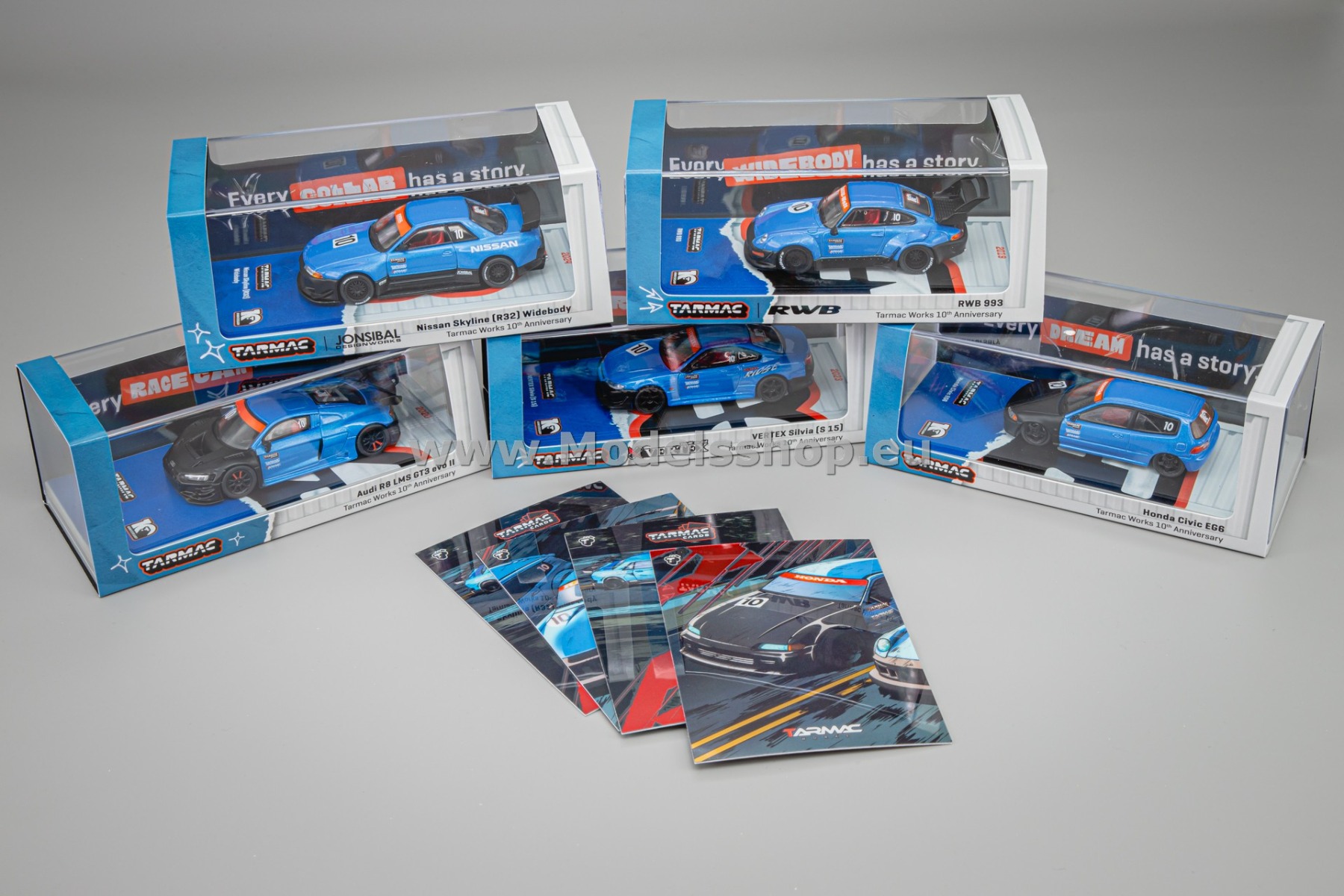 Tarmac Works 10th Anniversary Box Set, 5 Model Cars + Trading Cards Combo Set (Honda Civic EG6, RWB 993, Audi R8 LMS GT3 evo II, VERTEX Silvia (S 15), Nissan Skyline (R32) Widebody)